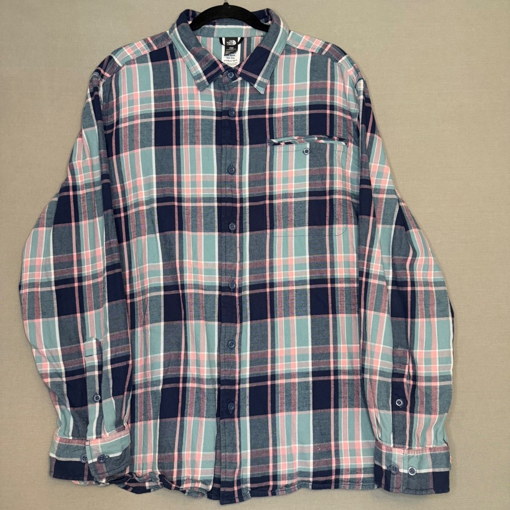 The North Face Mens XXL Plaid Flannel Shirt Navy Teal Pink